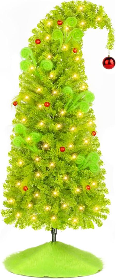NEWISH Christmas Tree with Lights, 6ft Bendable Lime Green Artificial Christmas Tree Decorations with Stand, Red Ball, Green Tree Skirt, Ornaments, 25 Pcs DIY Xmas Tree for Home Party Decor