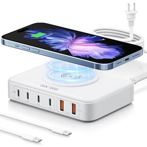 6-in-1 Desktop Charger - 100W USB with 15W Wireless, 2 USB A & 4 USB C Ports for iPhone, iPad, MacBook, Laptop, Samsung & Android Devices (White)