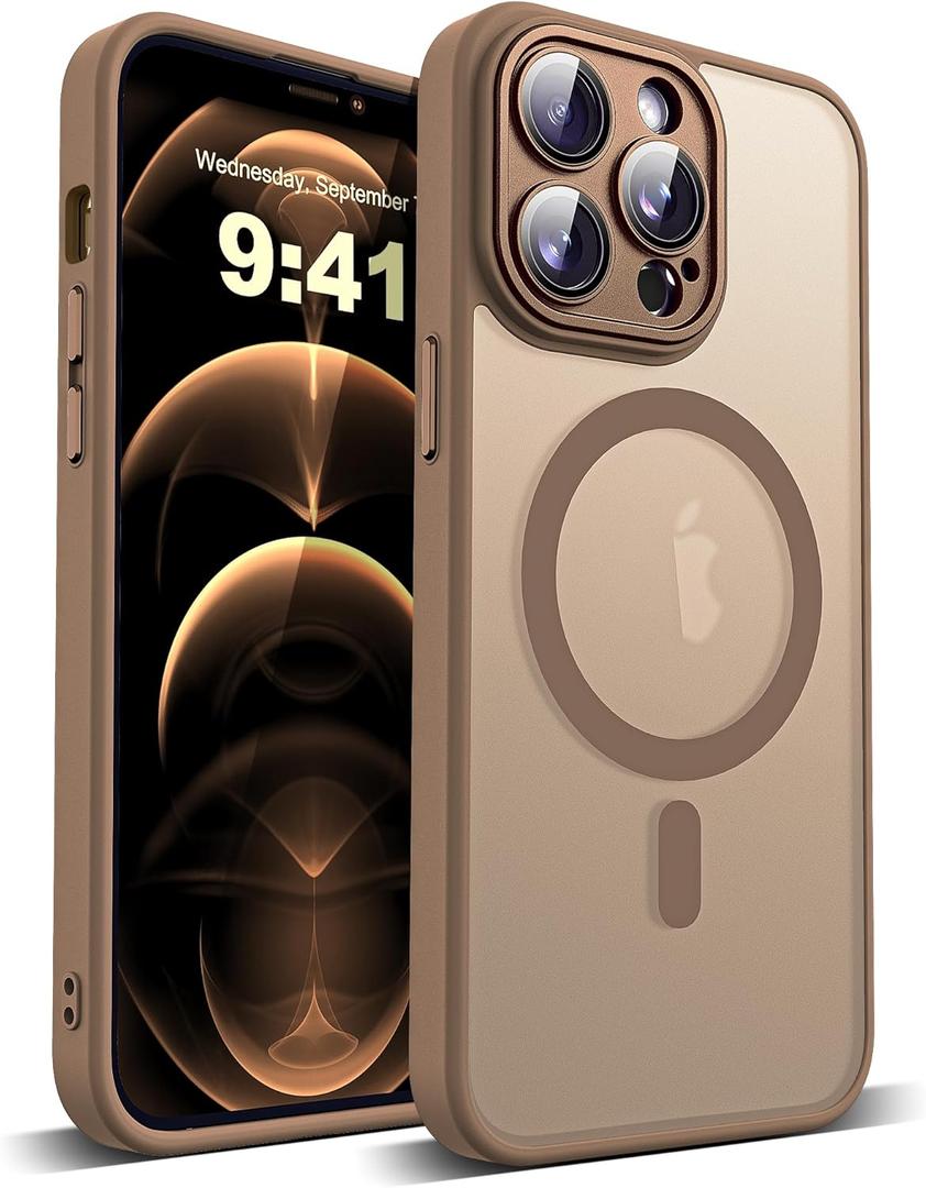 YEMORAN Compatible with iPhone 12 Pro Max Case with Built-in Camera Lens Protector Translucent Magnetic 12 Pro Max Phone Case 6.7" [Compatible with Mag-Safe][Great Grip Feeling], Desert Brown