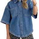 POTILI Women's Denim Shirt, Button Down Short Sleeve Jean Shirts Casual Top Outfits Trendy Blue Medium 