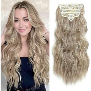 Clip in Hair Extensions for Women, 6PCS Long Wavy Curly Clip on Hair Extensions 16 Inch Dirty Blonde Mixed Gold Synthetic Hairpieces