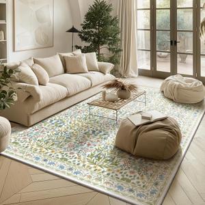 Light Green 5x7 Area Rug - Vintage Floral Washable Bedroom Rug for Living Room, Nursery, Dining Room - Low Pile, Non-Slip, Stain Resistant, Retro Indoor Floor Rug (White)