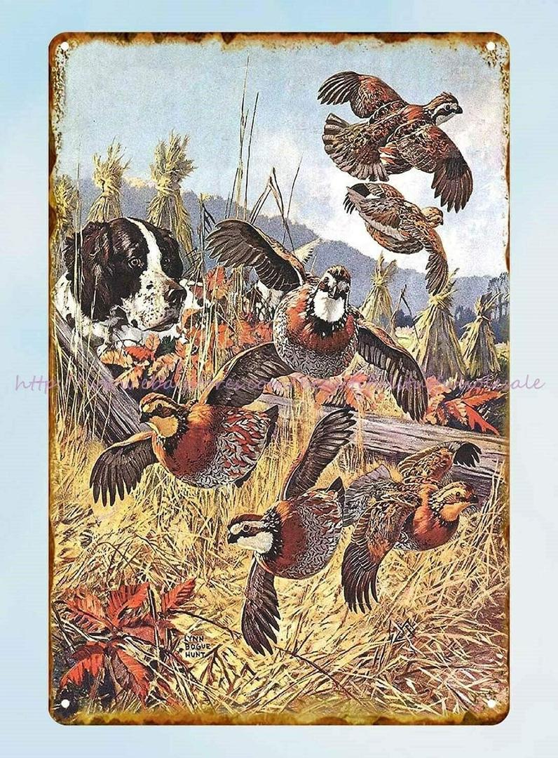 Pzecaru Retro Metal Tin Sign Hunt Hunting Quail In Corn Field Dog Poster Vintage Metal Plaque Wall Decor Gift For Bathroom Restaurant Bedroom Cafe School Farm 12x16 Inch