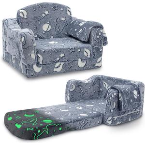 Comfy Toddler Couch and Chair for Kids with Blanket, 2-in-1 Soft Plush Fold Out Kids Sofa Chairs for Girls and Boys, Convertible Sofa to Lounger for Playroom, Glowing Starry Sky (Blue)