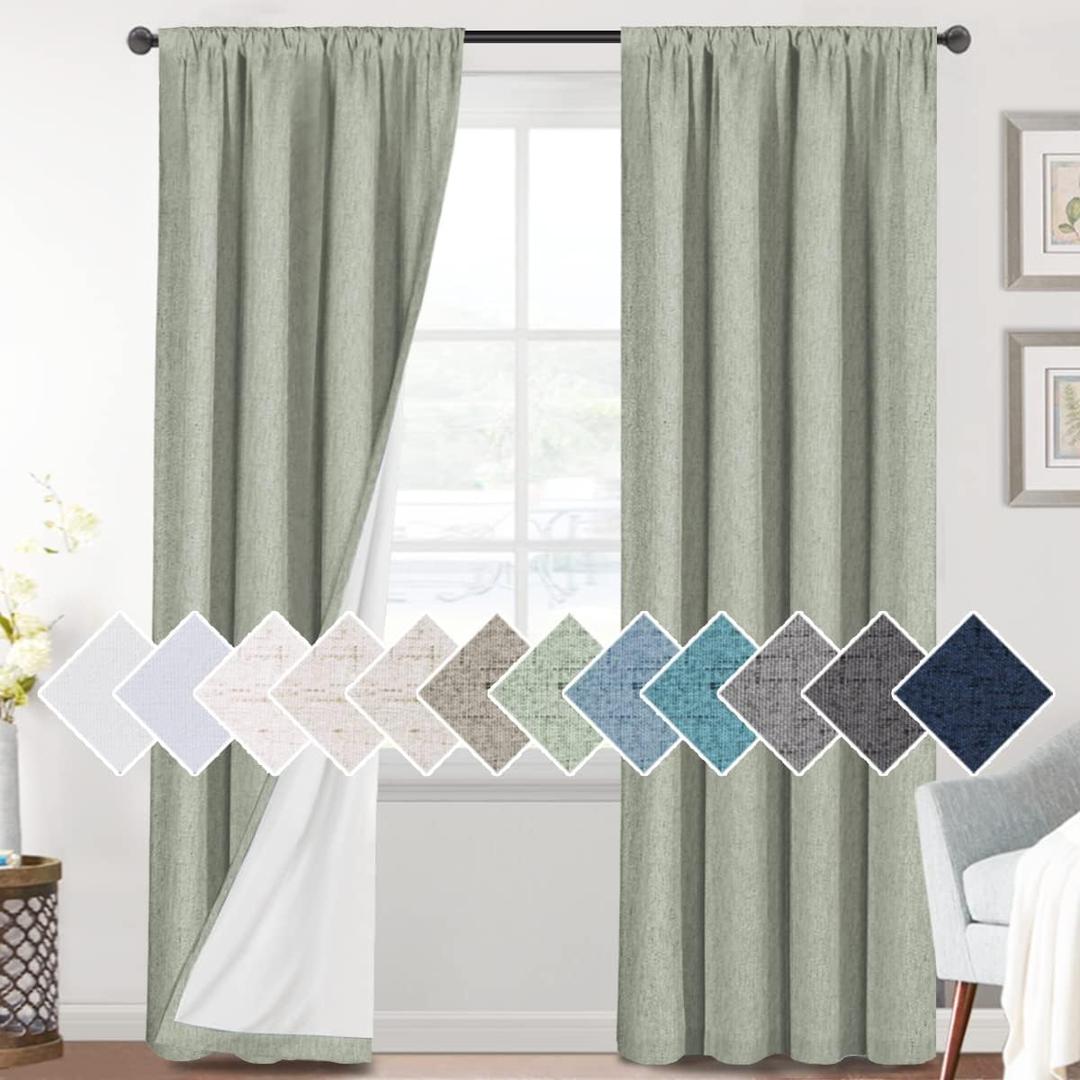 H.VERSAILTEX Linen Look 100% Blackout Curtains 84 Inches Long for Bedroom Full Light Blocking Rod Pocket 42 Inches Wide Linen Textured Thick Window Curtain Drapes with White Backing, Sage, 2 Panels