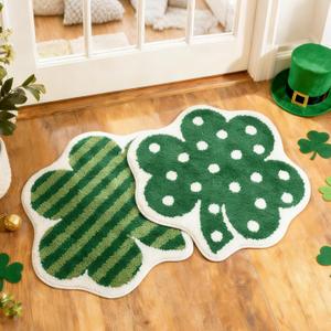 2 Pieces Shamrock Bathroom Rugs St Patricks Day Clover Bath Mat Absorbent Non Slip Clover Door Mats for Irish Holiday Decor Shower Bathtub Bedroom Kitchen Entrance Door Carpet