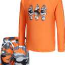 Boys Two Piece Rash Guard Swimsuits Set with Swim Trunk Kids Long Sleeve Bathing Suit Swimwear Set (14-16 Years, Orange Camo)