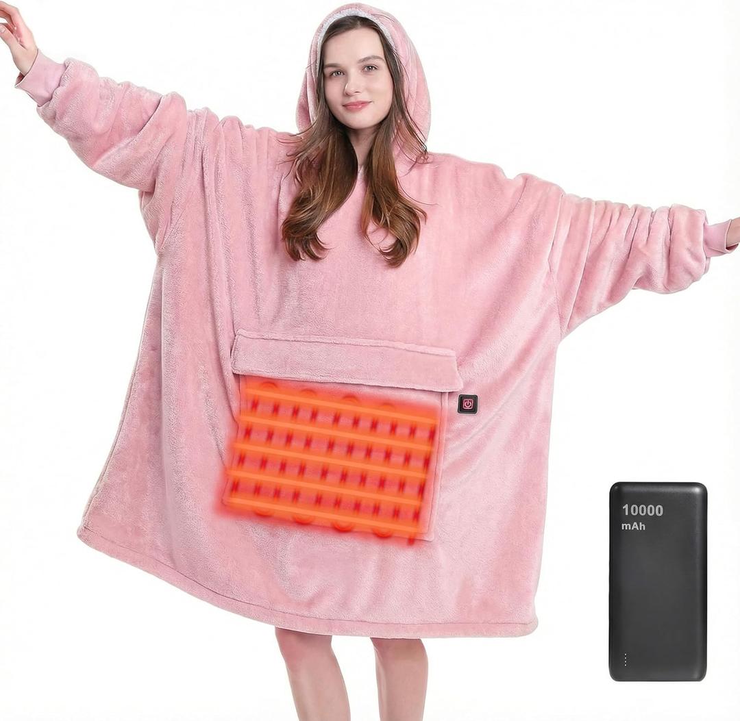 MAXEVE Heated Wearable Blanket Hoodie with 10000mAh Battery Pack, Oversized Sherpa Blanket Sweatshirt for Women & Men, Warm Soft Pink