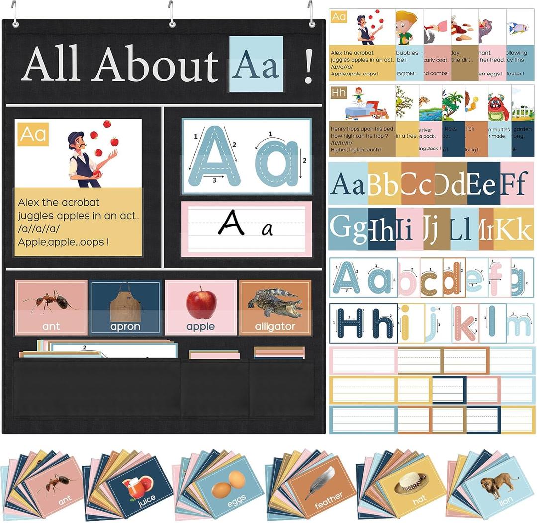 Blosssound 34 x 27 All About Letter Pocket Chart 103 ABC Flash Cards Letter of The Day Week Chart Alphabet Tracing Educational Wall Poster Preschool Homeschool Learning Activities (Black)