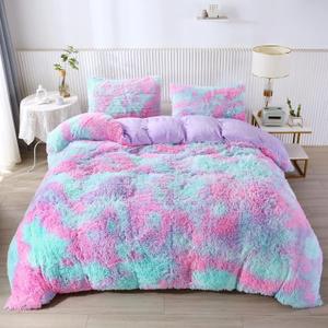 RYNGHIPY Purple Tie Dye Rainbow Duvet Cover Set, Fluffy Fuzzy Long Hair Faux Fur Crystal Velvet Bedding Set for Teens Girls (Purple,Full)