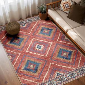 Area Rug 5x7 Rug Machine Washable Non-Slip Low Pile Print Pattern Western Rug for Living Room Bedroom Entryway Tribal Series -Red/Orange