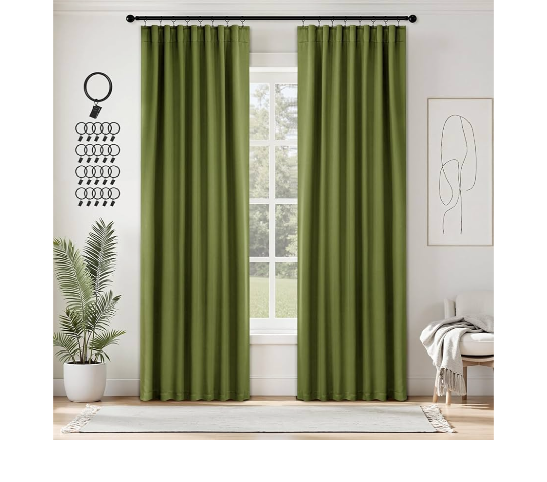 ANRODUO Rod Pocket and Back Tab Pleated Blackout Curtains with Hooks, Rings, Green Curtains 84 Inches Long 2 Panels, Thermal Insulated Room Darkening Living Room Bedroom Curtain, 42x84 Inches
