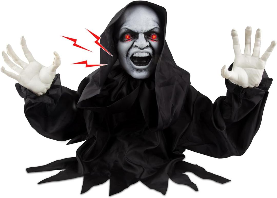 Halloween Animatronics Decorations - Scary Grim Reaper with Sound Activated, Creepy Sound, Light Up Eyes, Scary Motion for Halloween Indoor/Outdoor Yard Lawn Decoration, Haunted House Props