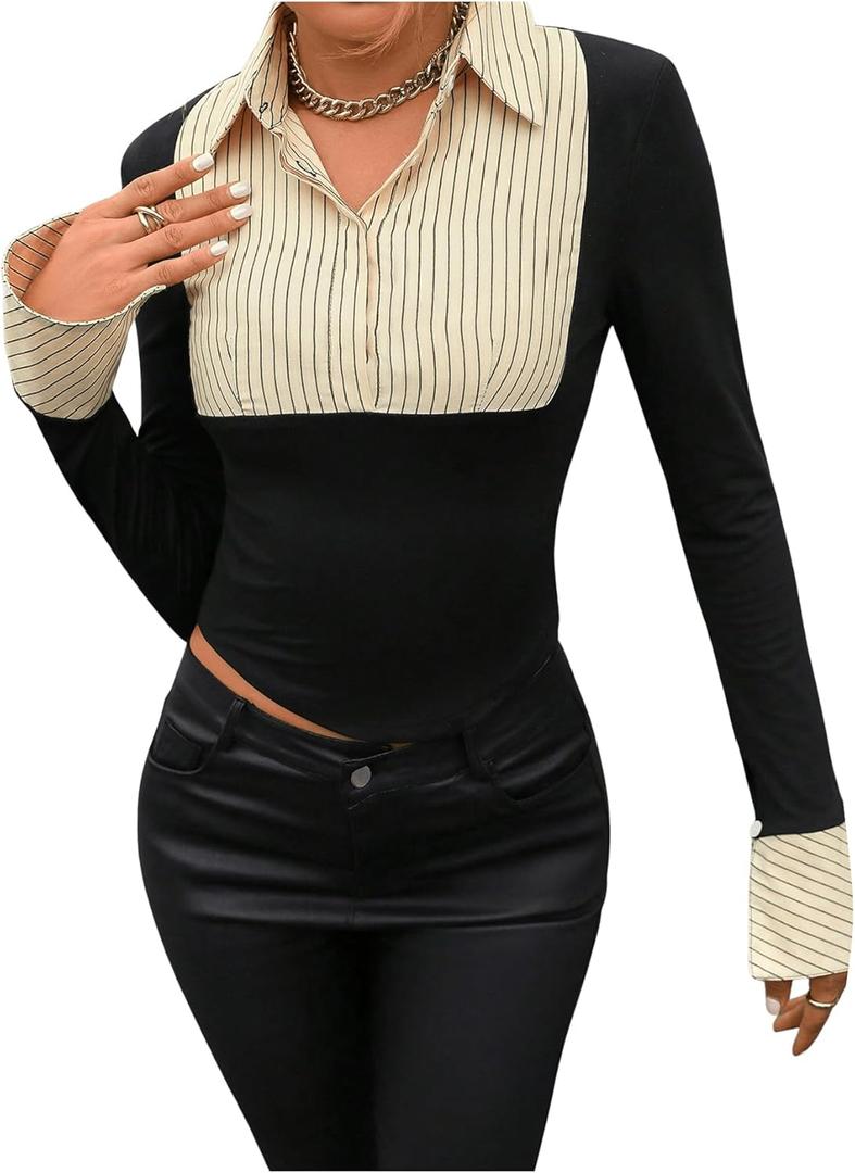 Women's Striped Button Front Collared Blouse Shirts Long Sleeve Slim Fit Asymmetrical Hem Work Tops (Black, XS)