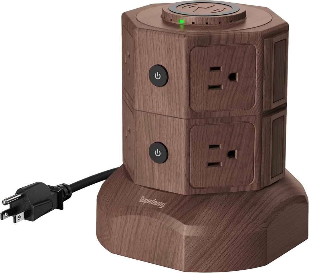 SUPERDANNY Power Strip Surge Protector Tower with 15W Wireless Charger, 13A Charging Station with 1050J Surge Protection, 8 AC Outlets+4 USB Ports (2 USB C) and 6.5ft Extension Cord for Home, Brown