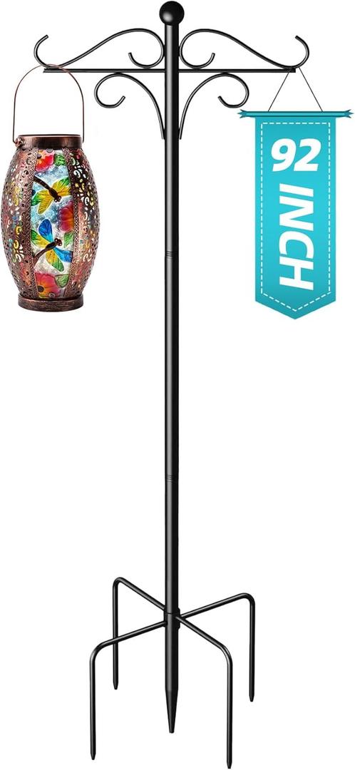 92" Double Shepherds Hooks for Outdoor, Adjustable Heavy Duty Bird Feeder Pole with 5 Prong Base, Metal Plant Hangers Outdoor for Hanging Plant Baskets, Solar Lanterns, 1 Pack