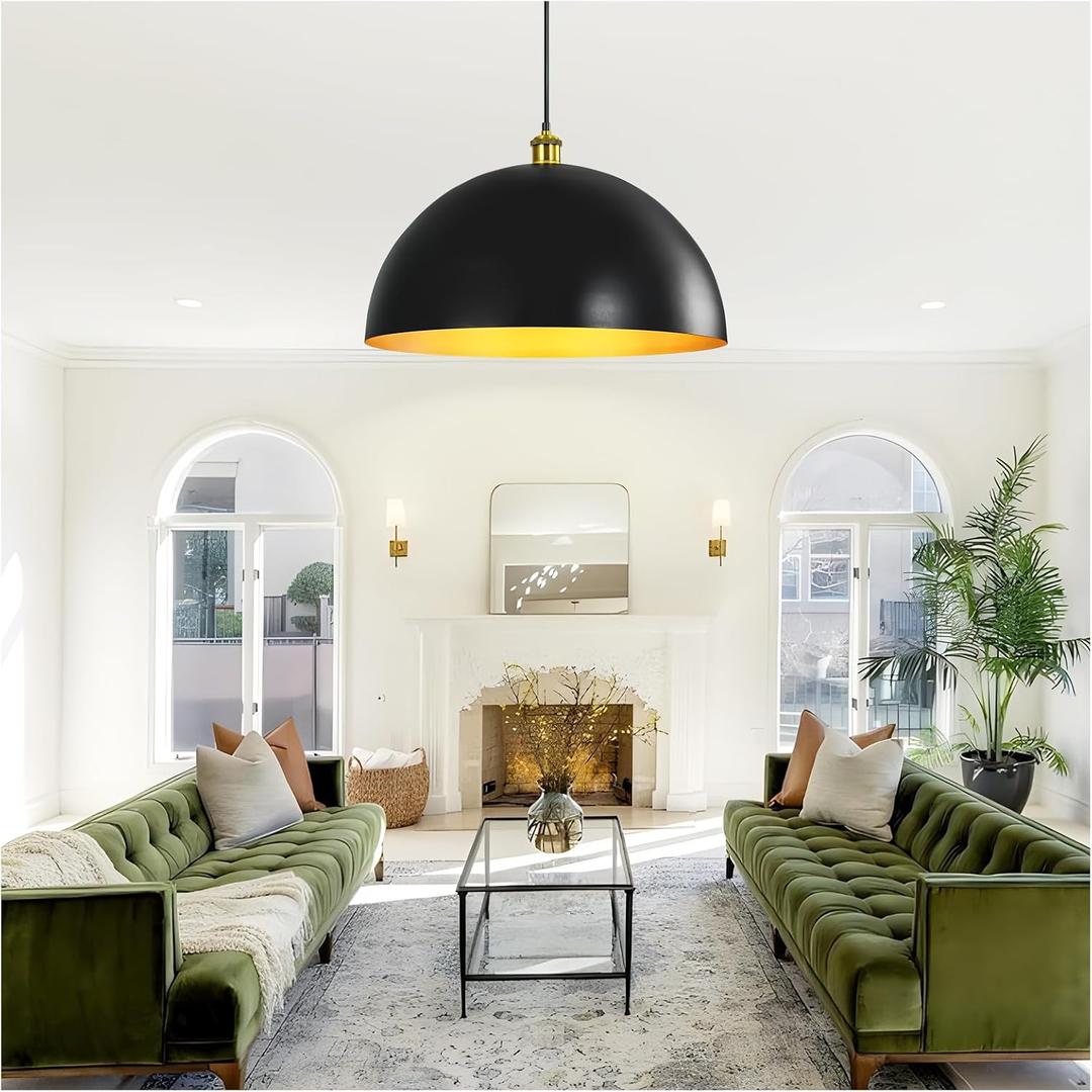 Black-Farmhouse Pendant-Light Hanging-Lamp Fixtures - 20 inch Kitchen Island Pendant Lights Industrial Dome Ceiling Lighting Dining Room Large Vintage Light for Indoor Black and Gold