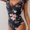 Eomenie Womens Ruffled One Piece Swimsuit Slimming Tummy Control Bathing Suit V-Neck Cutout Swimwear for Resort Wear (L)