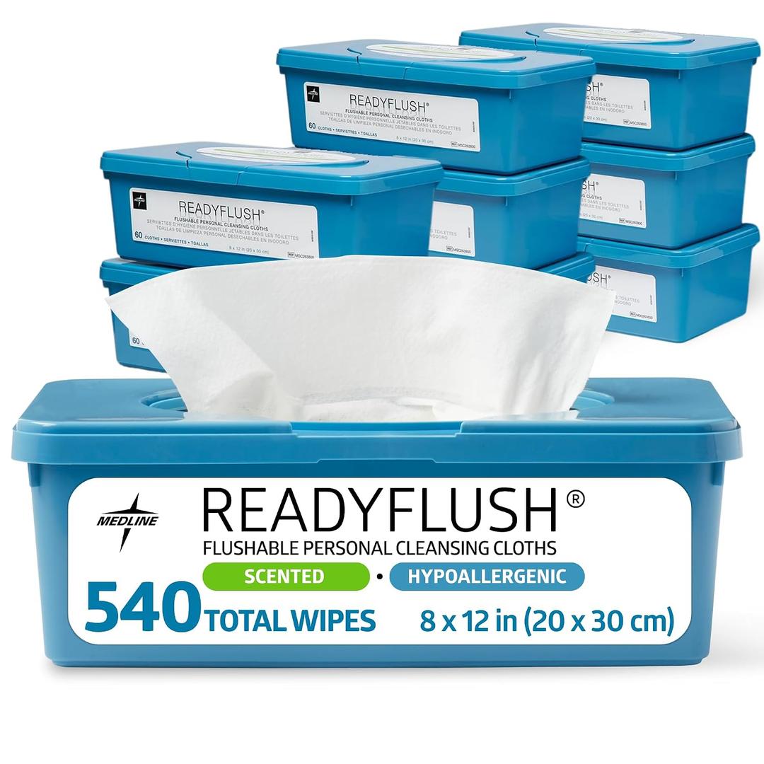 Medline ReadyFlush Flushable Wipes, 540 Wipes (60 Wipes, 9 Tubs), Scented, Biodegradable Flushable Incontinence Wet Wipes for Adults with Aloe, Hypoallergenic and pH-Balanced Personal Cleansing Cloths