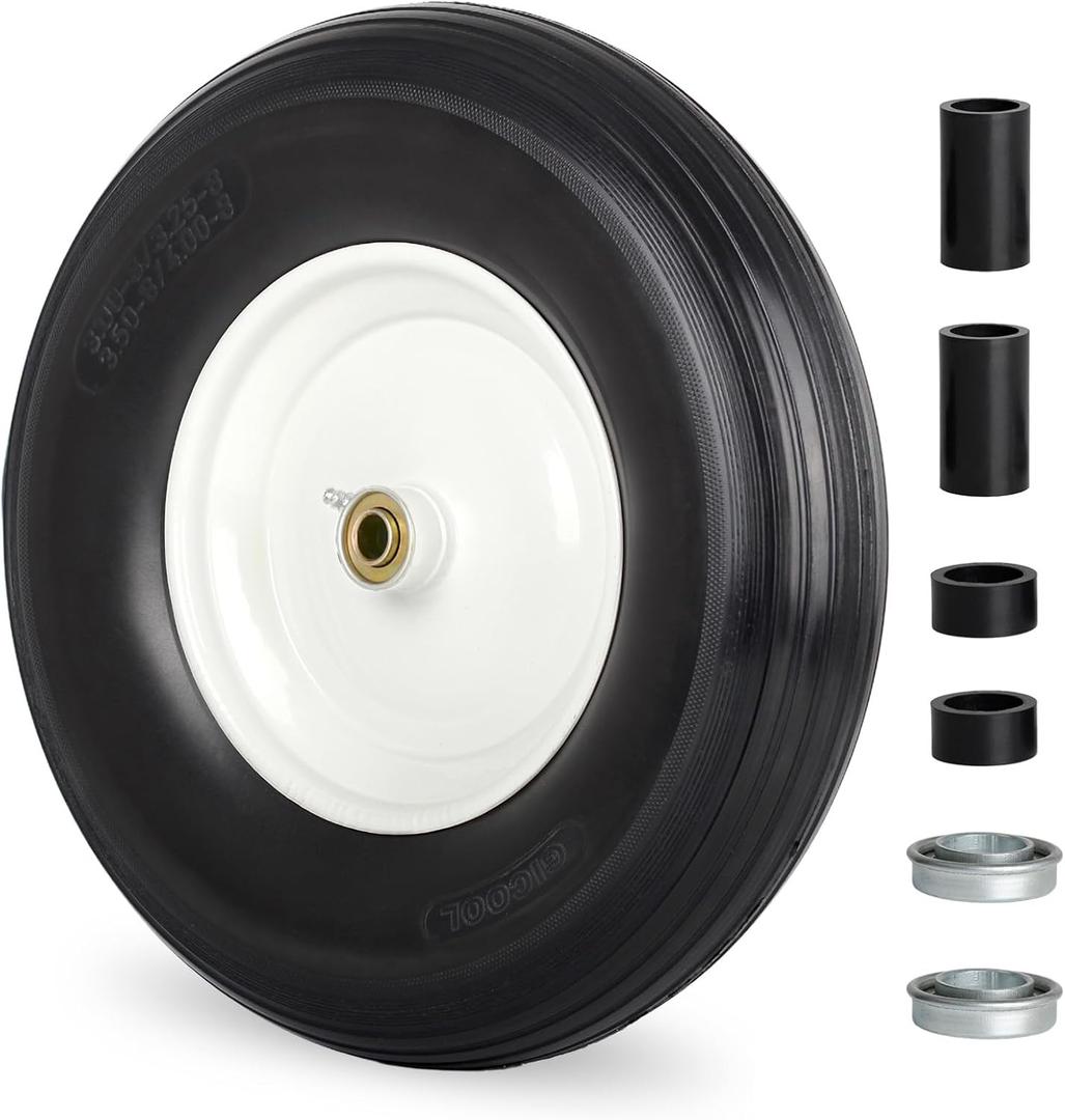 14.5" 3.50-8" Flat Free Wheelbarrow Tire and Wheel for Trolley Dolly, Fits 4.80/4.00-8" , 4.00-6" , 3.00/3.25-8" , 5/8" Axle Bore Hole, 3-6" Centered Hub