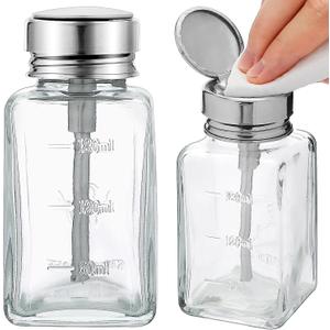 2 Pcs 6 Oz/ 180 ml Clear Pump Dispenser Bottle with Metal Flip Cover Glass Nail Polish Remover Push Down Dispenser Bottle Refillable Push Down Pump Dispenser Press Container for Makeup Remover (Rectangle)