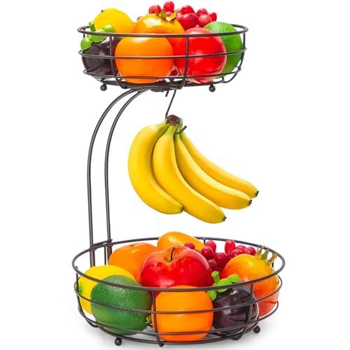 Auledio 2-Tier Countertop Fruit Vegetables Basket Bowl Storage With Banana Hanger, Brone (1)