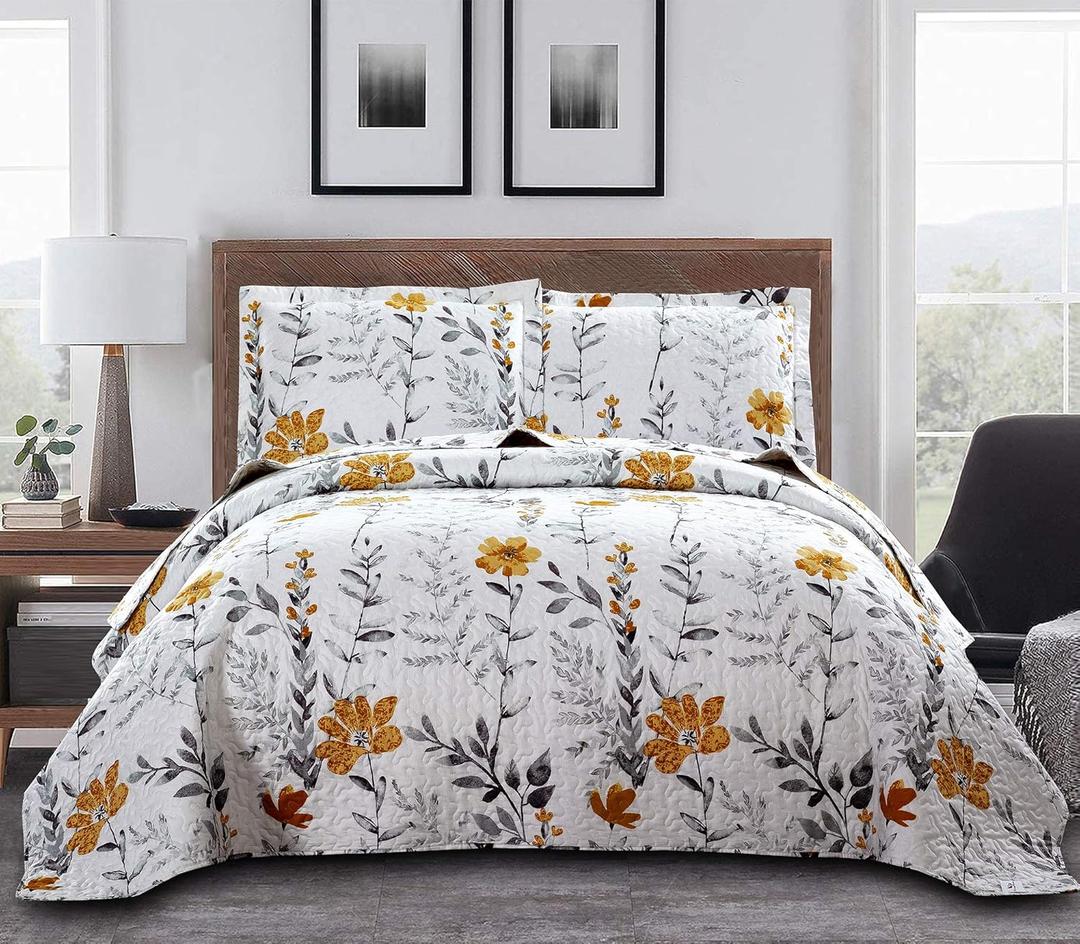 Bedspread Coverlet Set King Size Floral Quilts Set Bedding Lightweight Floral Quilt Collection Home Reversible Quilt Bedspread Sping Leaves Yellow Flower Quilt Bedding Garden Bedspread+2 Pillow Shams | Reversible, Lightweight, Quilts Set, Garden Design, +2 Pillow Shams
