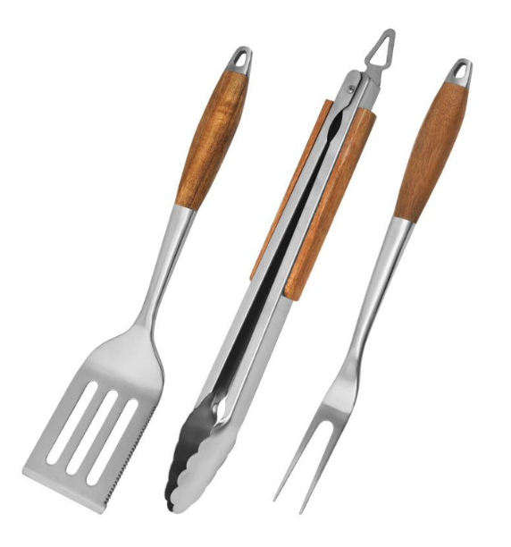 Heavy-duty rosewood barbecue grilling tool set. Extra-thick stainless steel multi-function spatula, fork, and tongs - Essential accessories