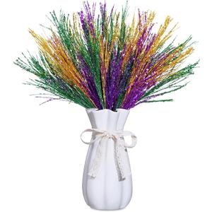 Juinte 8 Pcs Mardi Gras Decoration Carnival Picks Ornaments Artificial Glitter Berry Stems Tree Decor 15.75 Inches Purple Green and Gold Branches for Mardi Gras Tree Table Party Decor(Grass)