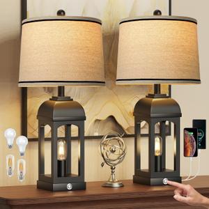 QiMH Table Lamp for Living Room, Farmhouse Lamps Set of 2 with USB A+C and Nightlight, 26" Rustic Bedside Lamps with 3-Way Dimmable Touch Control, Nightstand Lamp for Bedroom Decor, Black