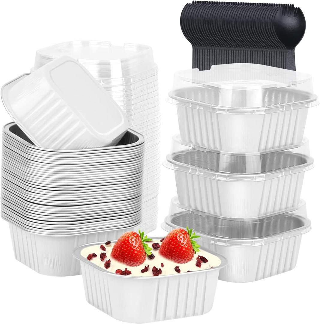 LNYZQUS 5oz Mini Cake Tins With Lids 40 Pack, Aluminum Foil Muffin Pans Cupcake Cups,Small Disposable Ramekins Brownie Baking Pans Cupcake Containers Holders For Wedding Party-White