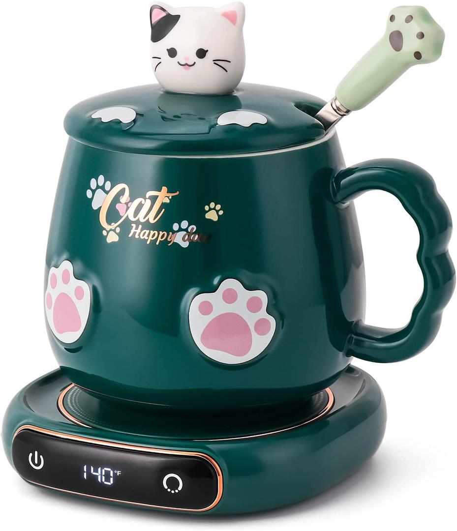 Bgbg Coffee Mug Warmer & Cute Cat Mug Set, Beverage Cup Warmer for Desk Home Office with Three Temperature Up to 140/ 60, Coffee Warmer for Cocoa Milk Tea Water Candle, 8 Hours Auto Shut Off