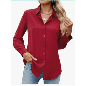 AISEW Womens Casual Button Down Shirts V Neck Chiffon Long/Short Sleeve Collared Office Work Blouses Tops with Pocket
 (Burgundy, 7003M)