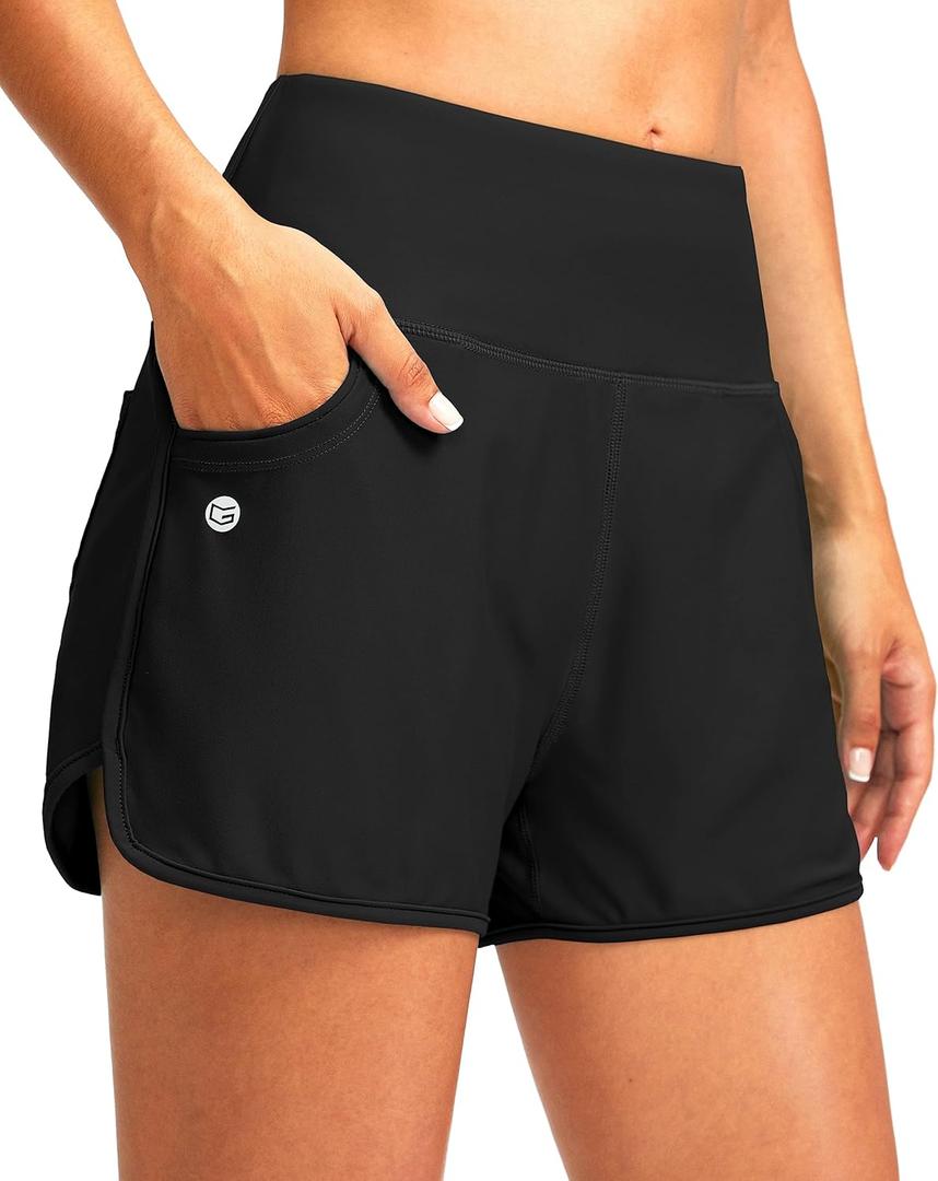 G Gradual Women's 3" High Waisted Swim Board Shorts with Pockets Quick Dry Swimsuit Bottoms Bathing Suit for Women with Liner L (Black)