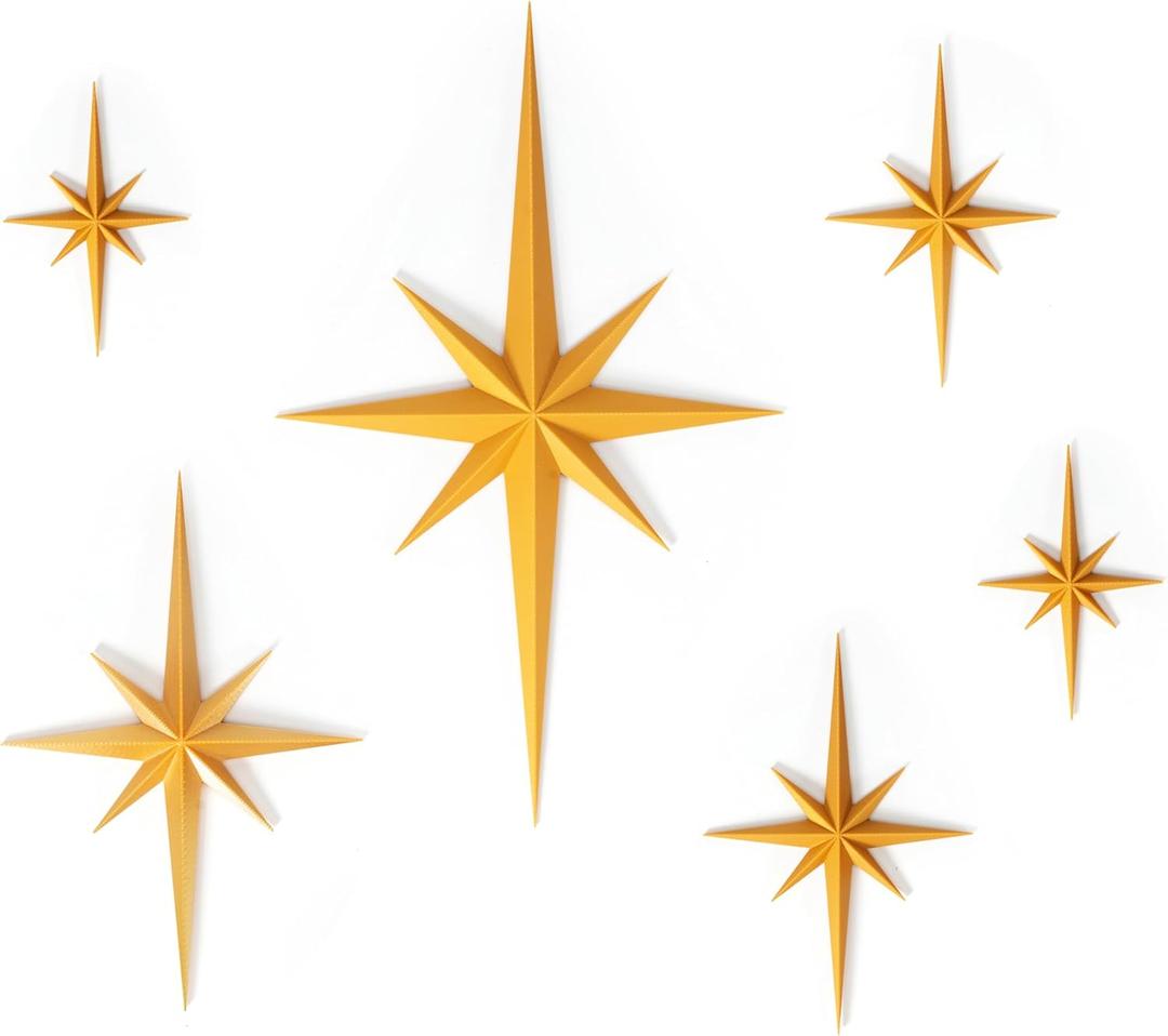 Stylor Mid Century Modern Decor, Gold Mcm Retro 3D Star Art Wall Sculpture, Plastic Starburst Decor, Vintage Celestial Whimsigoth Home Decor Accent, (Set of 6)
