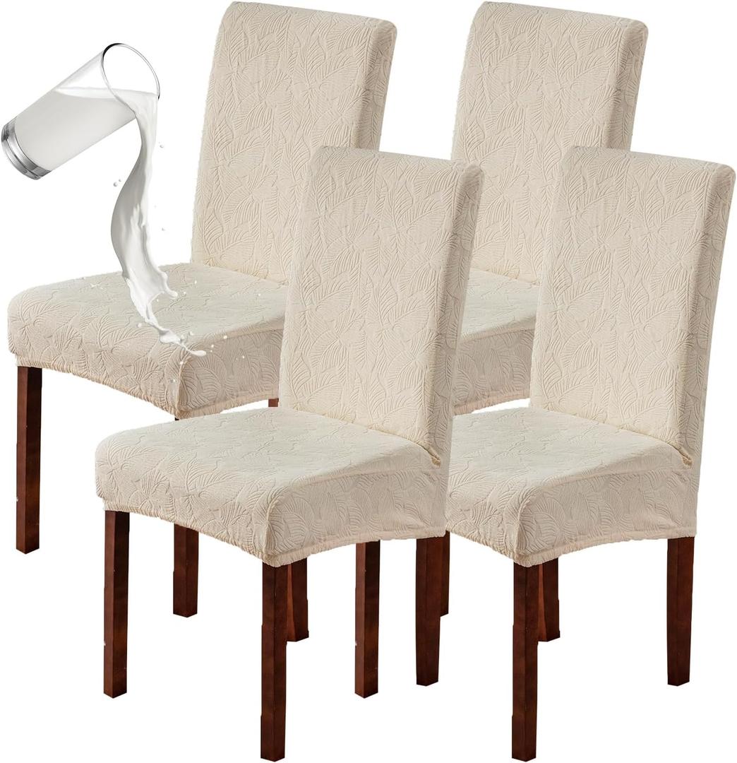 Genina 100% Waterproof Dining Room Chair Covers Set of 4 Stretch Kitchen Chair Covers Parsons Chair Slipcovers for Dining Room Chair Protector Cover, Removable, Washable (Leaf Pattern-Beige) (Regular-4 Pack)