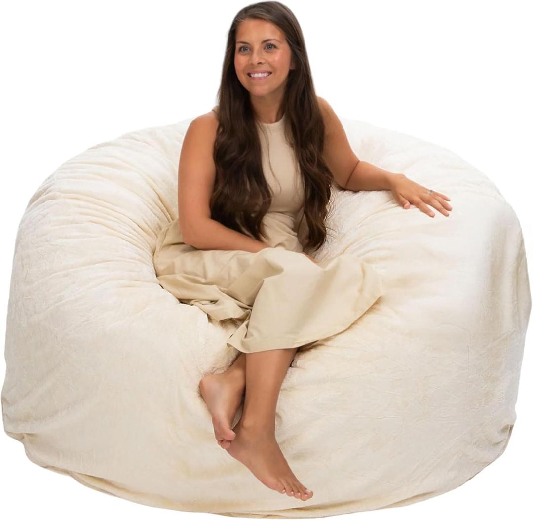 ULTIMATE SACK 5000 5-Foot Bean Bag Chair, Ivory Fur Cover  Oversized Foam Lounger, Floor Seat, Small Sofa, or Couch Bed for Living Area, Gaming Room, or Reading Lounge