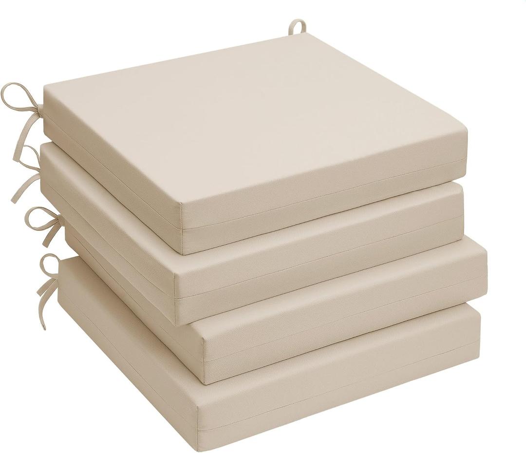 UNIKOME Outdoor Chair Cushions Pack of 4, Water Resistant Patio Cushions with Ties, High Density Sponge Filling Square Corner Seat Cushions for Outdoor Furniture, 18.5"*16"*3", Beige