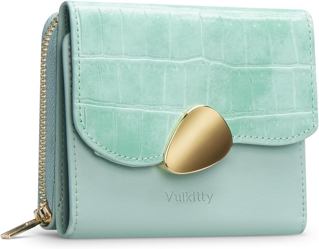 Vulkitty Trifold Leather Wallet for Women RFID Blocking, Small Compact Purse with Zipper Pocket, Ideal for Gift, Green