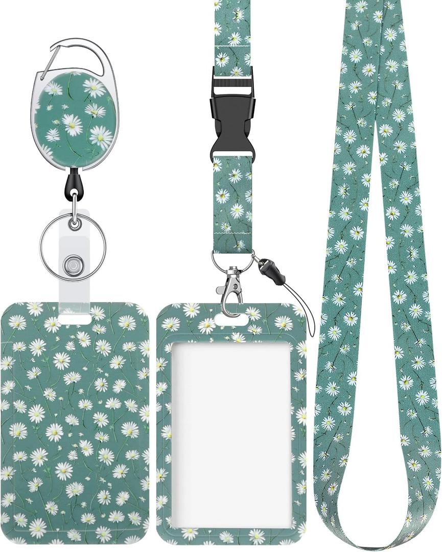 Uniclife Floral Sliding Badge Holder White Daisy Plastic Case with Retractable Badge Reel Carabiner Clip & Detachable Lanyard Strap Fashionable Vertical Card Protector for Women Nurse Teacher Student (Green Base Daisy)