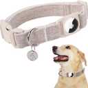 DOGWONG Airtag Cotton Hemp Dog Collar, Heavy-Duty Dog Collar with Airtag Holder Beige Natural Fabric Pet Cute Puppy Necklace for Small Medium Large Dogs (Khaki)