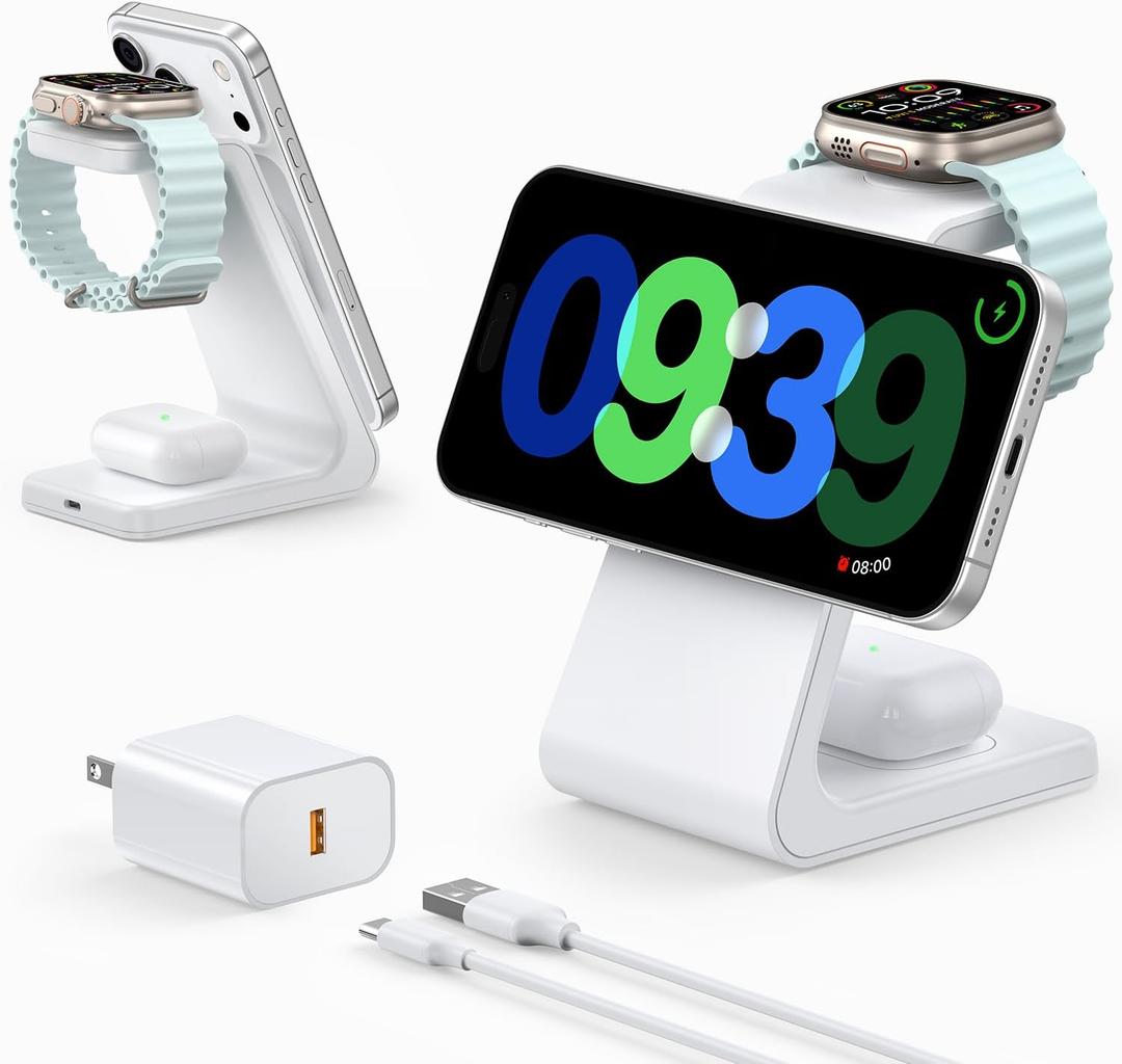 Meifigno 3 in 1 Wireless Charging Station for Apple MagSafe Charger, 15W Fast MagSafe Charger Stand Compatible with iPhone 17-12 Series, Apple Watch & AirPods, White