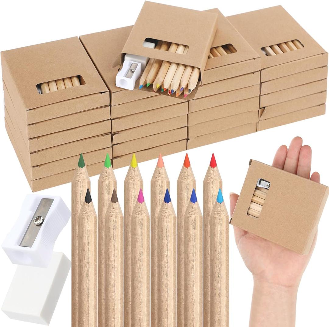 Sinload Mini Drawing Class Colored Pencils Bulk for Kid 3.5 inch Portable Short Fat Per Set 12 Different Color Pencils with Sharpener Eraser Coloring Pencils for Child Painting Class School (12 Set)