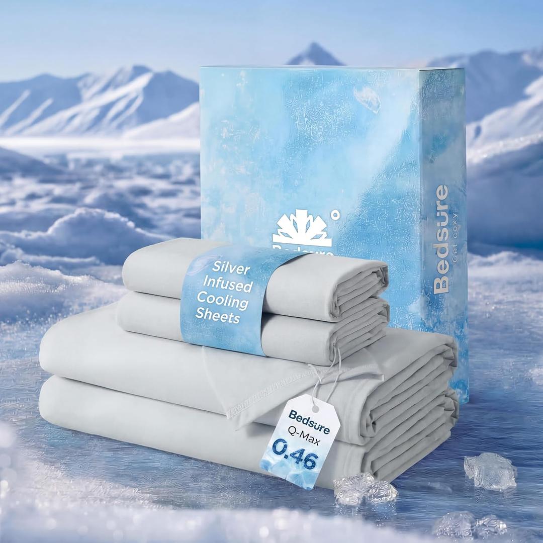 Bedsure Cooling Sheets for Hot Sleepers, Silver Infused Bed Sheets, Q-Max>0.46, Luxury Soft & Silky Smooth Queen Sheet Set, Deep Pocket Up to 16 Inches, 4 Pieces, Light Grey
