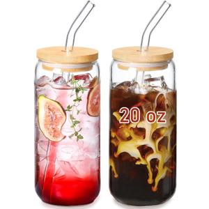 VITEVER 20 OZ Glass Cups with Bamboo Lids and Glass Straw - Beer Shaped Drinking Glasses Set, Iced Coffee Glasses, Cute Tumbler Cup, Aesthetic Coffee Bar Accessories, Gift - 2 Pack