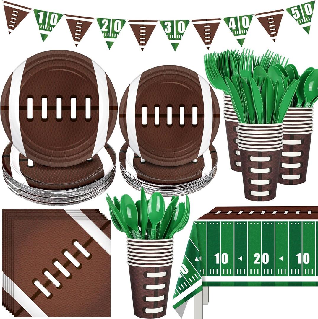 Football Party Decorations Football Party Supplies Tableware Set -24 guests Football Banners,Plate,Cup,Cutlery,Tablecloths for Super Sunday Touchdown Party Decoration