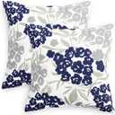 CaliTime Throw Pillow Cases Pack of 2 Cozy Fleece Three-Tone Cute Flower Floral Leaves Decorative Cushion Covers for Couch Bed Sofa Farmhouse Decoration 18 X 18 Inches Navy Blue Sage Grey