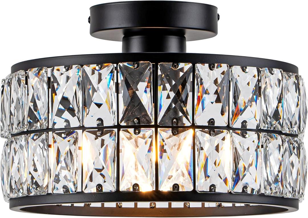 Crystal Ceiling Light, Modern Flush Mount Ceiling Light, Black Crystal Chandelier for Kitchen Bedroom Bathroom Entryway Hallway, 1 Light