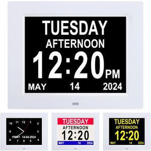 Jaihonda Dementia Clocks for Seniors-Alzheimer's Clock with Date and Day of Week for Elderly, 8 Alarm Options, Large Number Digital Clocks with Auto Dimmable, Large Display (White 8 Inch)
