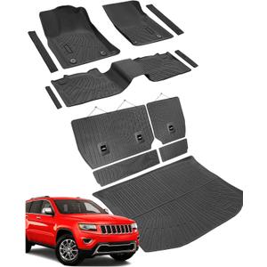 Car Floor Mats for Jeep Grand Cherokee: All Weather Rubber Custom Fit Accessories for 2011-2021 Model (Not for L) Full Coverage Floor Mats Cargo Liner with Backrest Protectors & Door Sill Guards